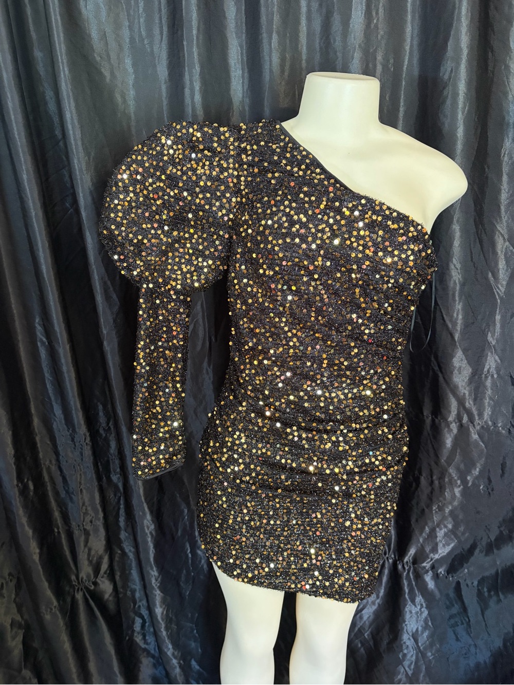 Fashion Nova Black One-Shoulder Sequin Mini Dress with Puff Sleeve